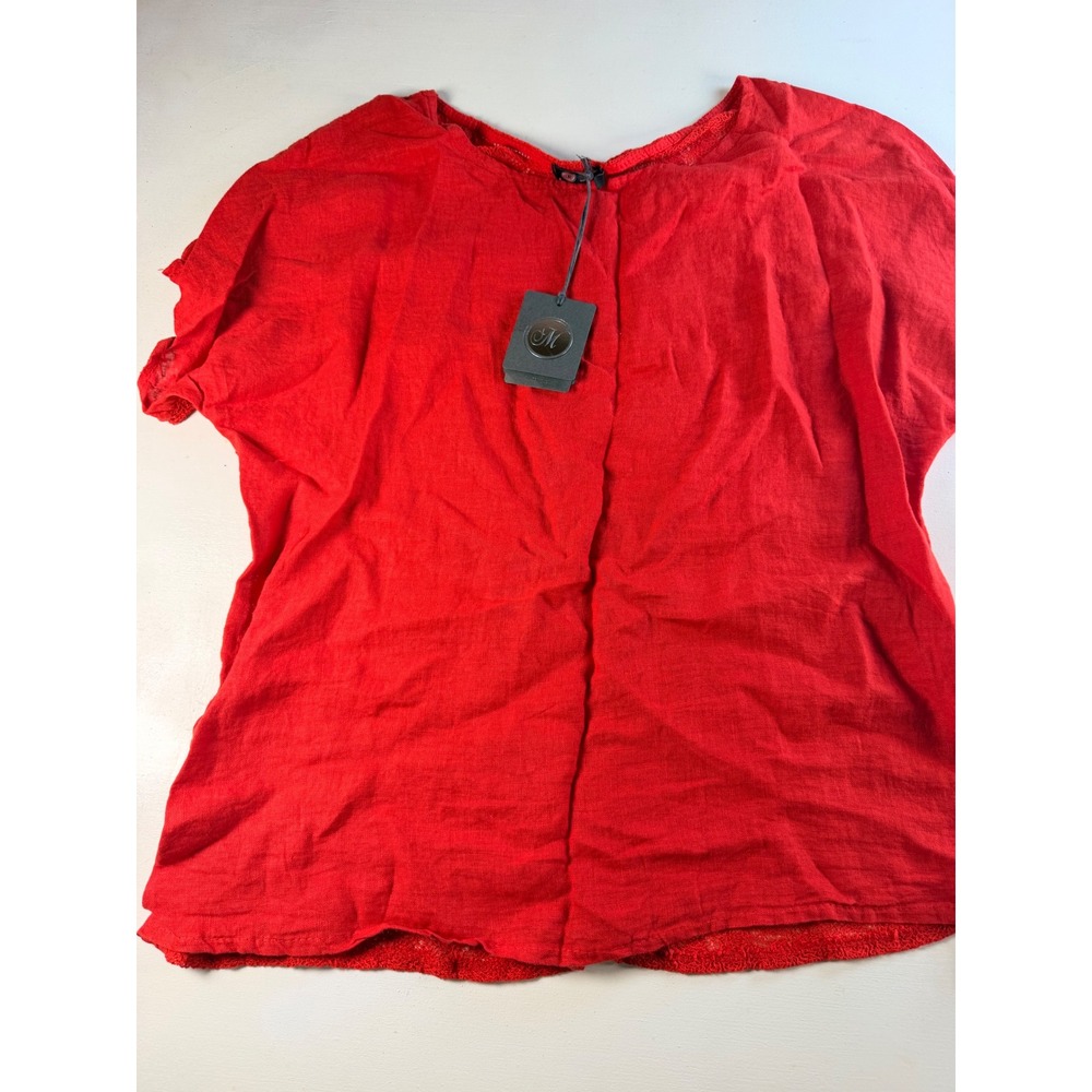 SJ Blouse Women M Red Y2K Boho Lace Trim Hem Relaxed Short Sleeve Scoop Neck